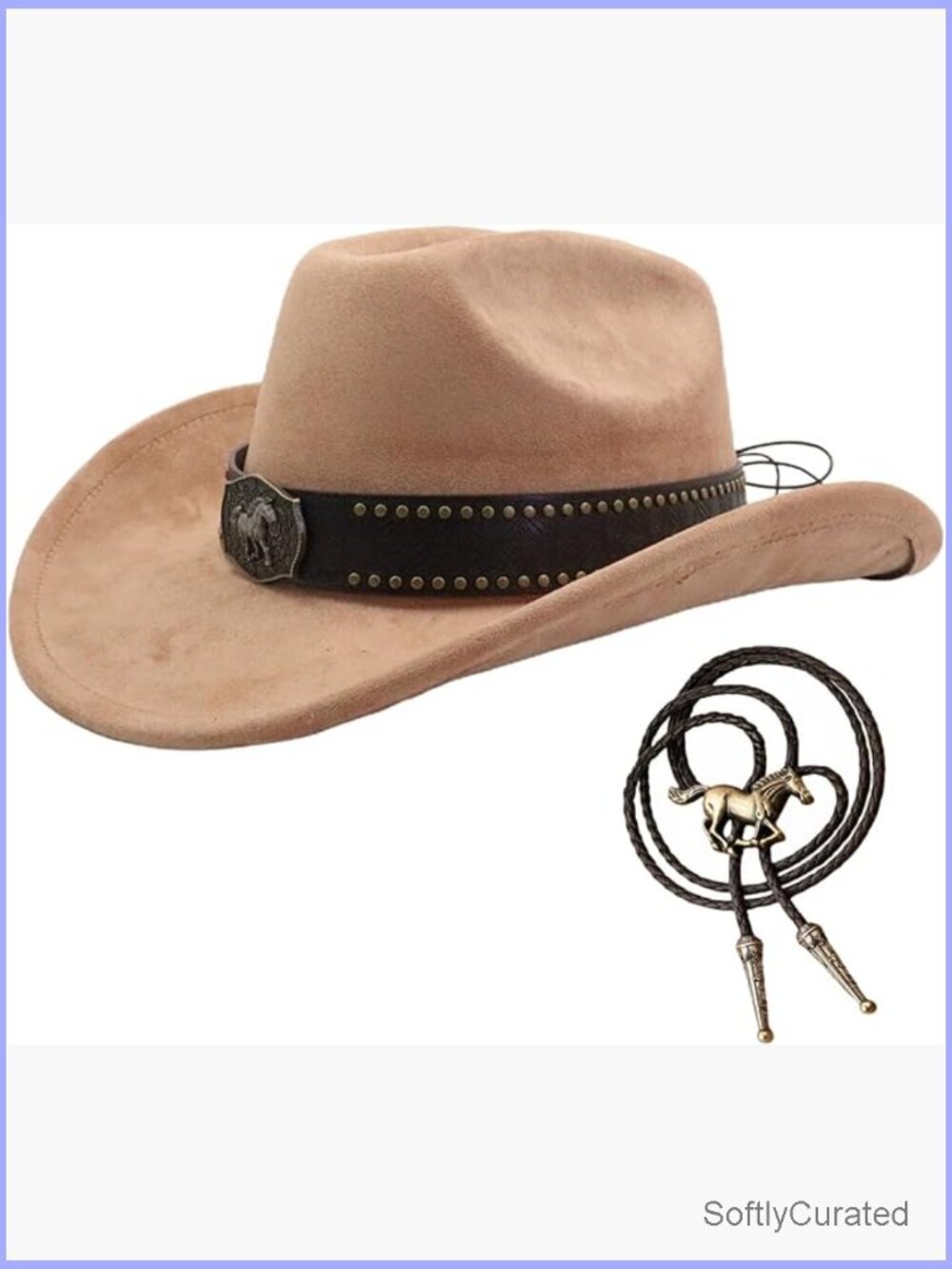 Western Cowboy Hat with Horse Bolo Tie Set Adjustable Suede